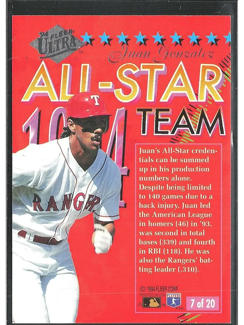 1994 Ultra #7 Juan Gonzalez Ultra All-Star Team HAND SIGNED